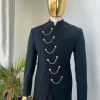 A Reloaded Charcoal black slant front with interconnected gold chain “French” safari suit