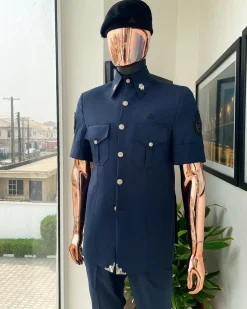 A reloaded Dark Aegean blue vintage “Havana” French safari suit