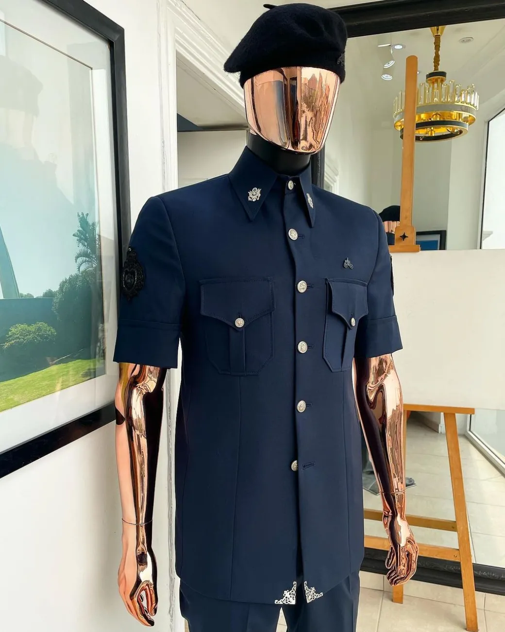 A reloaded Dark Aegean blue vintage “Havana” French safari suit