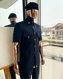 A reloaded Dark Aegean blue vintage “Havana” French safari suit