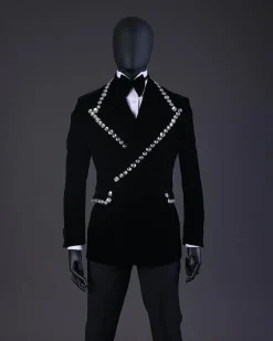 A Reloaded “Herd” Charcoal Black Soaked Velvet Peak Lapel Wrap Tuxedo Suit