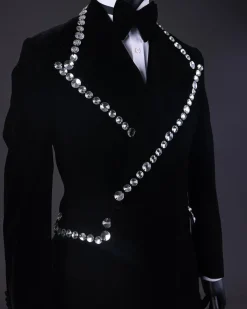 A Reloaded “Herd” Charcoal Black Soaked Velvet Peak Lapel Wrap Tuxedo Suit