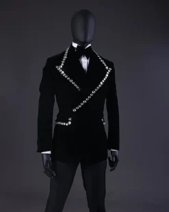 A Reloaded “Herd” Charcoal Black Soaked Velvet Peak Lapel Wrap Tuxedo Suit