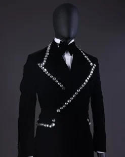 A Reloaded “Herd” Charcoal Black Soaked Velvet Peak Lapel Wrap Tuxedo Suit
