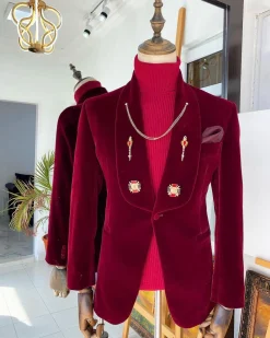 A Reloaded “lacasa de papel” burgundy Velvet tuxedo suit