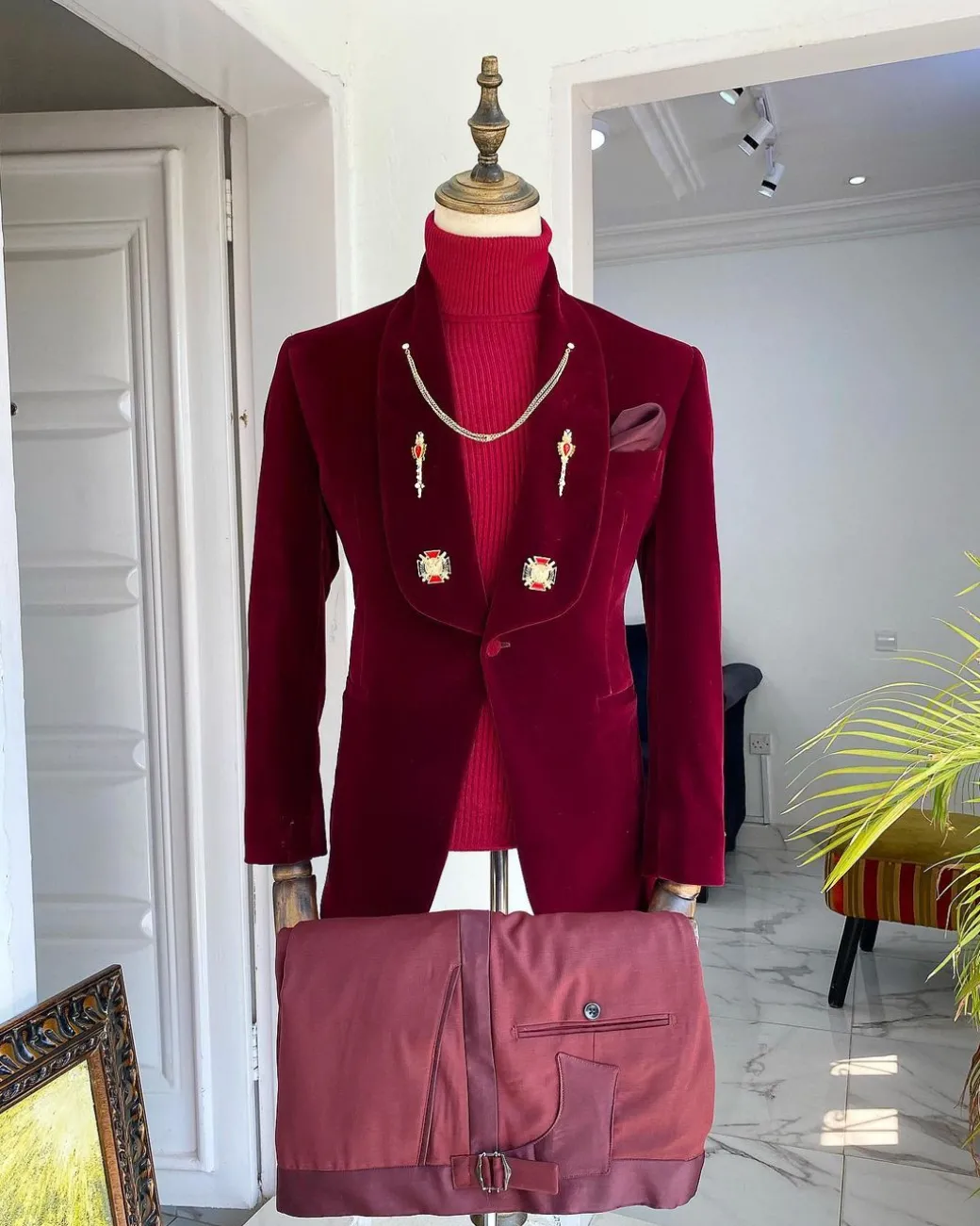 A Reloaded “lacasa de papel” burgundy Velvet tuxedo suit