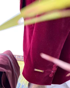 A Reloaded “lacasa de papel” burgundy Velvet tuxedo suit
