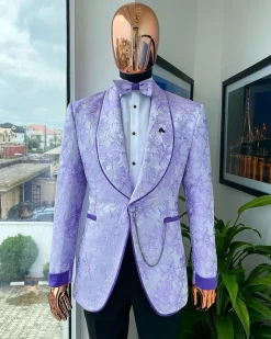 A reloaded “Mandarin” orchid purple and ivory floral pattern shawl lapel jacquard suit