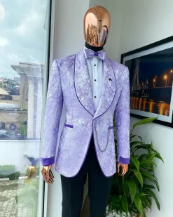 A reloaded “Mandarin” orchid purple and ivory floral pattern shawl lapel jacquard suit