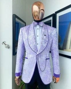 A reloaded “Mandarin” orchid purple and ivory floral pattern shawl lapel jacquard suit