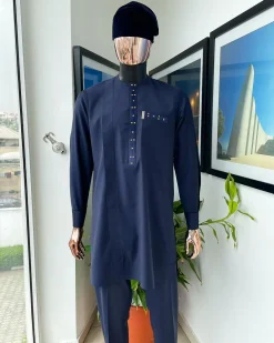A Reloaded Midnight Blue Splash of Gold Embroidery Detailing Long Sleeve Kaftan