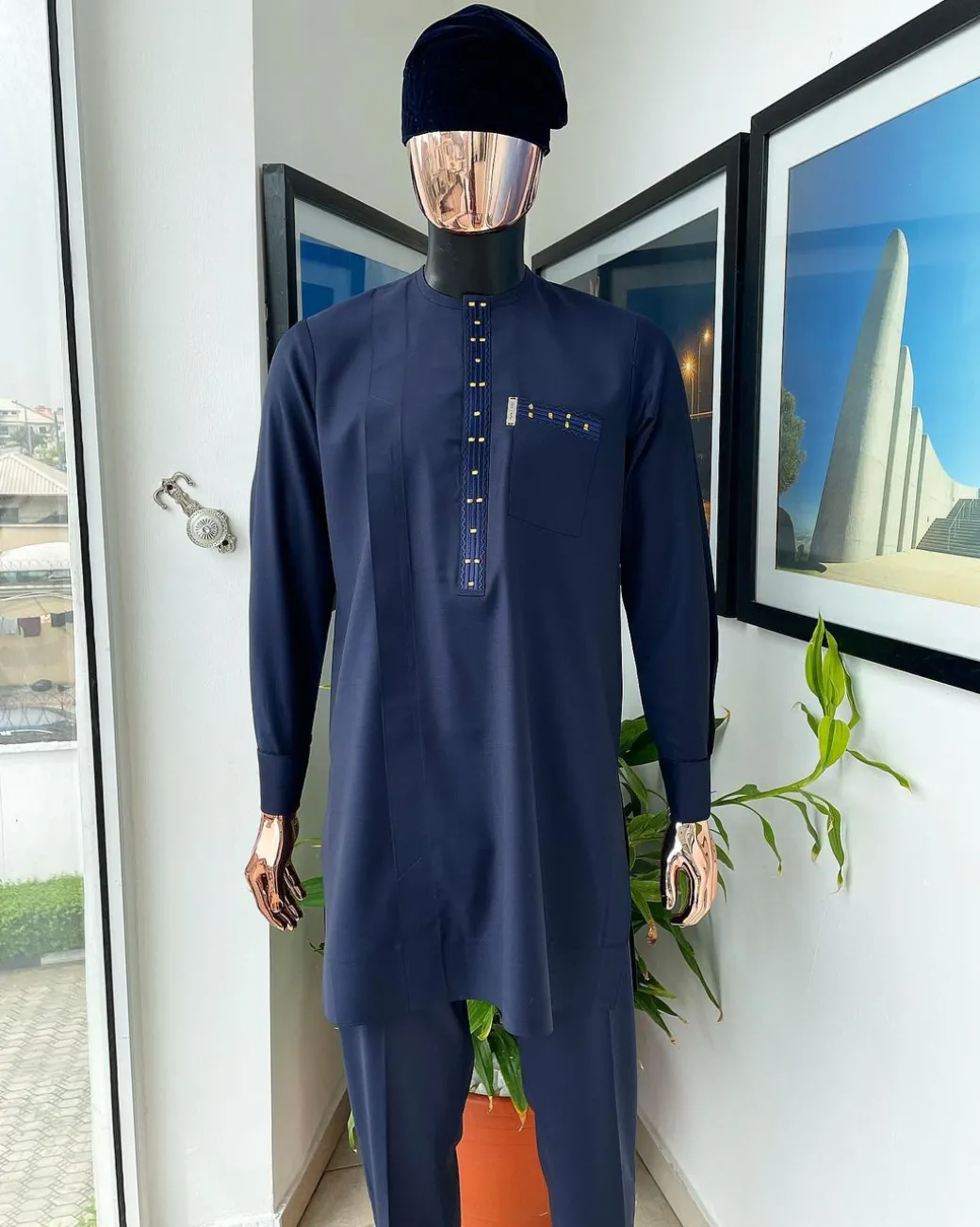 A Reloaded Midnight Blue Splash of Gold Embroidery Detailing Long Sleeve Kaftan