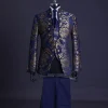 A reloaded “Monaco” gold and blue “Mandarin” jacquard floral single button front cut layered suit