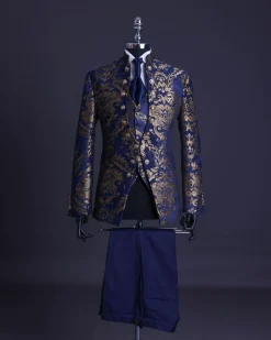 A reloaded “Monaco” gold and blue “Mandarin” jacquard floral single button front cut layered suit