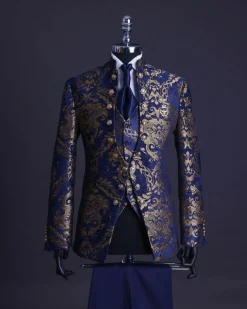 A reloaded “Monaco” gold and blue “Mandarin” jacquard floral single button front cut layered suit