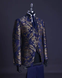 A reloaded “Monaco” gold and blue “Mandarin” jacquard floral single button front cut layered suit
