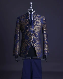 A reloaded “Monaco” gold and blue “Mandarin” jacquard floral single button front cut layered suit