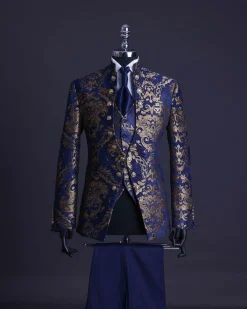 A reloaded “Monaco” gold and blue “Mandarin” jacquard floral single button front cut layered suit