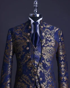 A reloaded “Monaco” gold and blue “Mandarin” jacquard floral single button front cut layered suit
