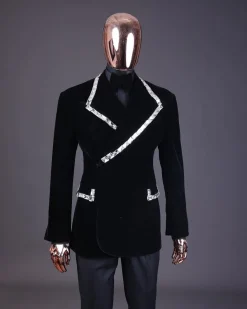 A reloaded monochrome “herd” charcoal black soaked velvet peak lapel wrap tuxedo suit