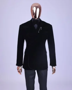 A reloaded monochrome “herd” charcoal black soaked velvet peak lapel wrap tuxedo suit