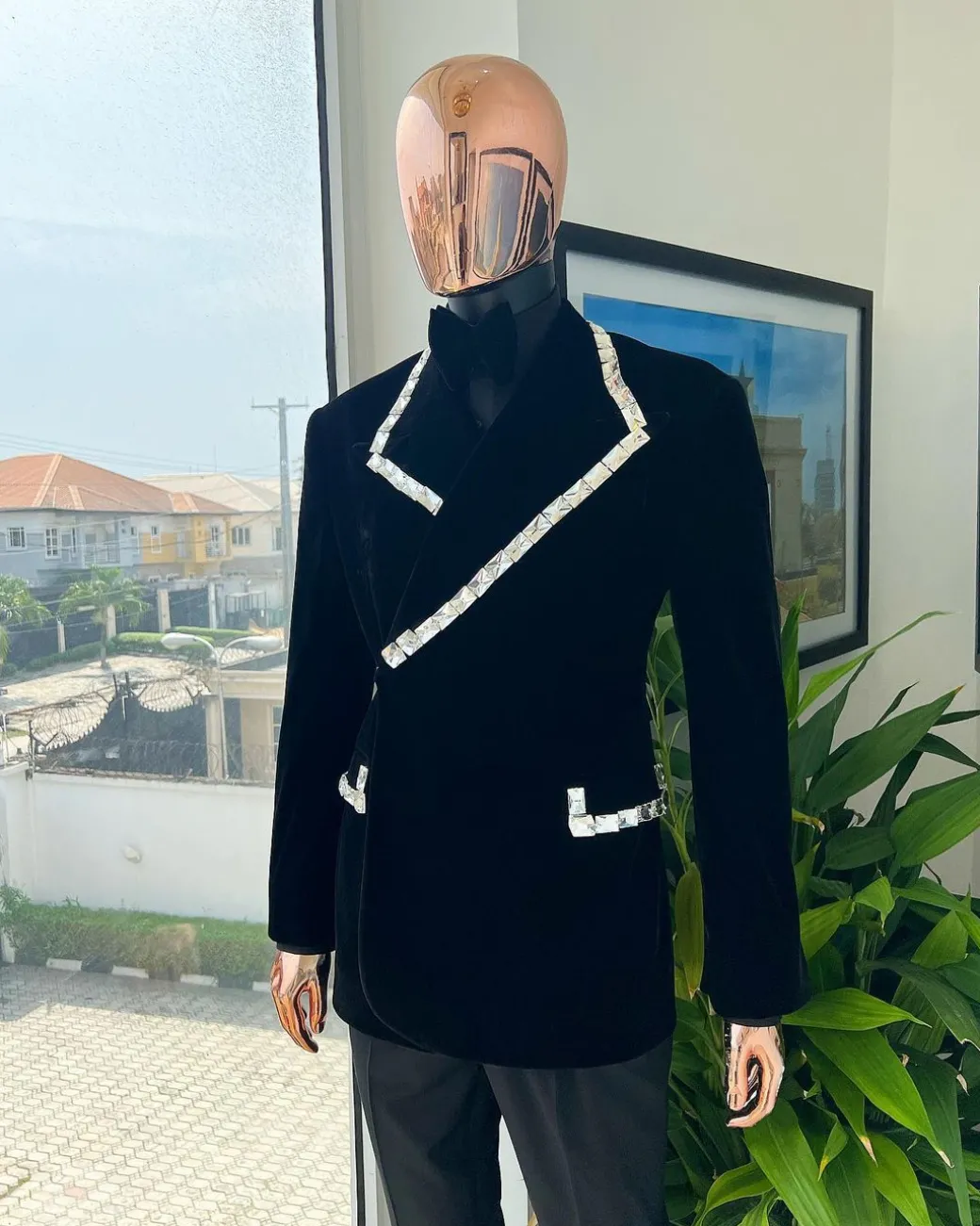 A reloaded monochrome “herd” charcoal black soaked velvet peak lapel wrap tuxedo suit