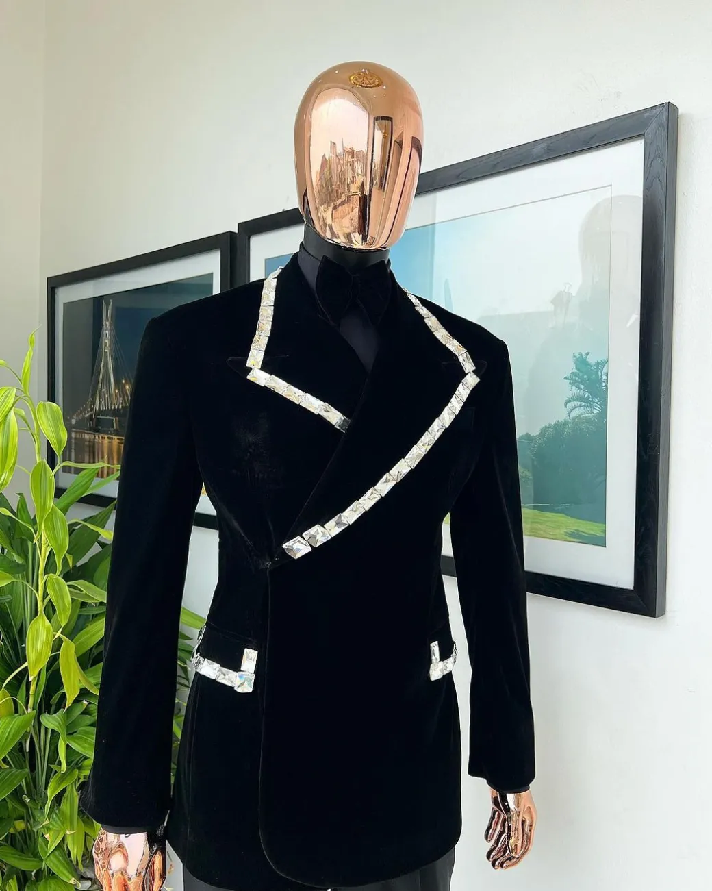 A reloaded monochrome “herd” charcoal black soaked velvet peak lapel wrap tuxedo suit