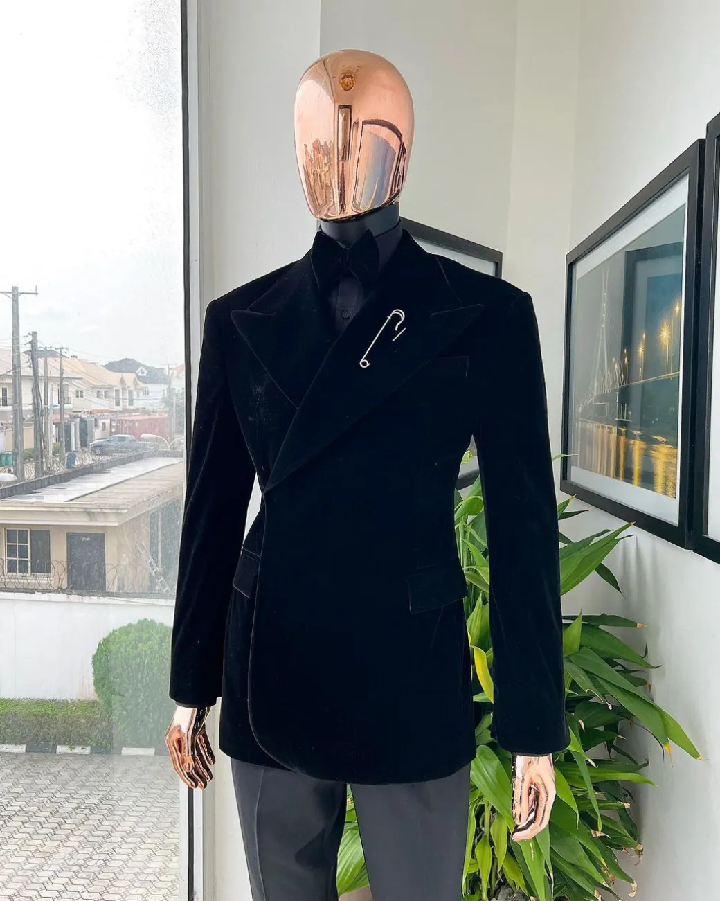 A reloaded monochrome “herd” charcoal black soaked velvet peak lapel wrap tuxedo suit