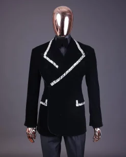A reloaded monochrome “herd” charcoal black soaked velvet peak lapel wrap tuxedo suit