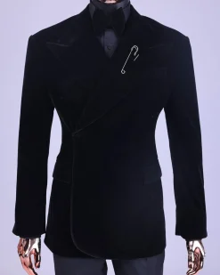 A reloaded monochrome “herd” charcoal black soaked velvet peak lapel wrap tuxedo suit