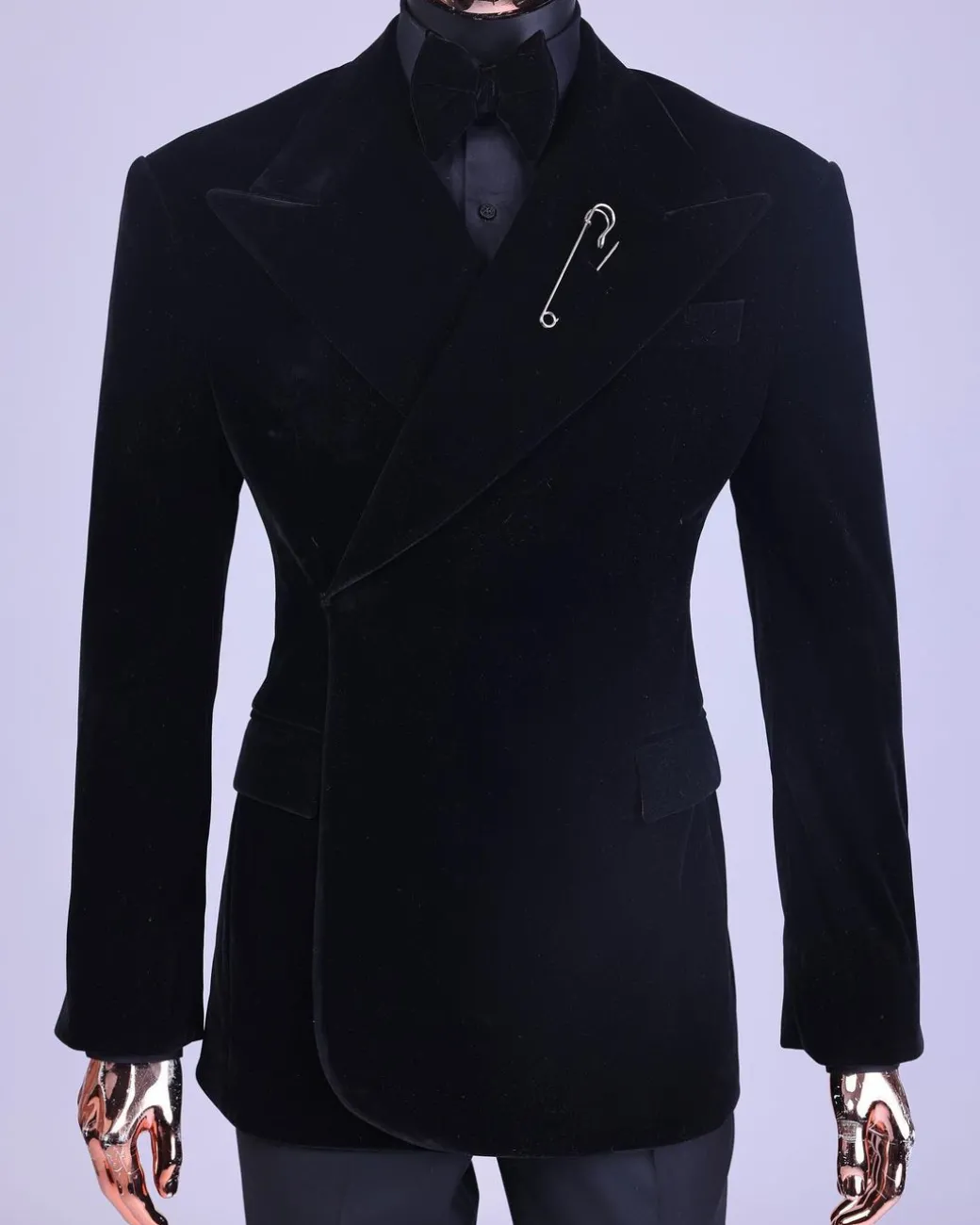 A reloaded monochrome “herd” charcoal black soaked velvet peak lapel wrap tuxedo suit
