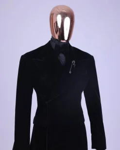 A reloaded monochrome “herd” charcoal black soaked velvet peak lapel wrap tuxedo suit