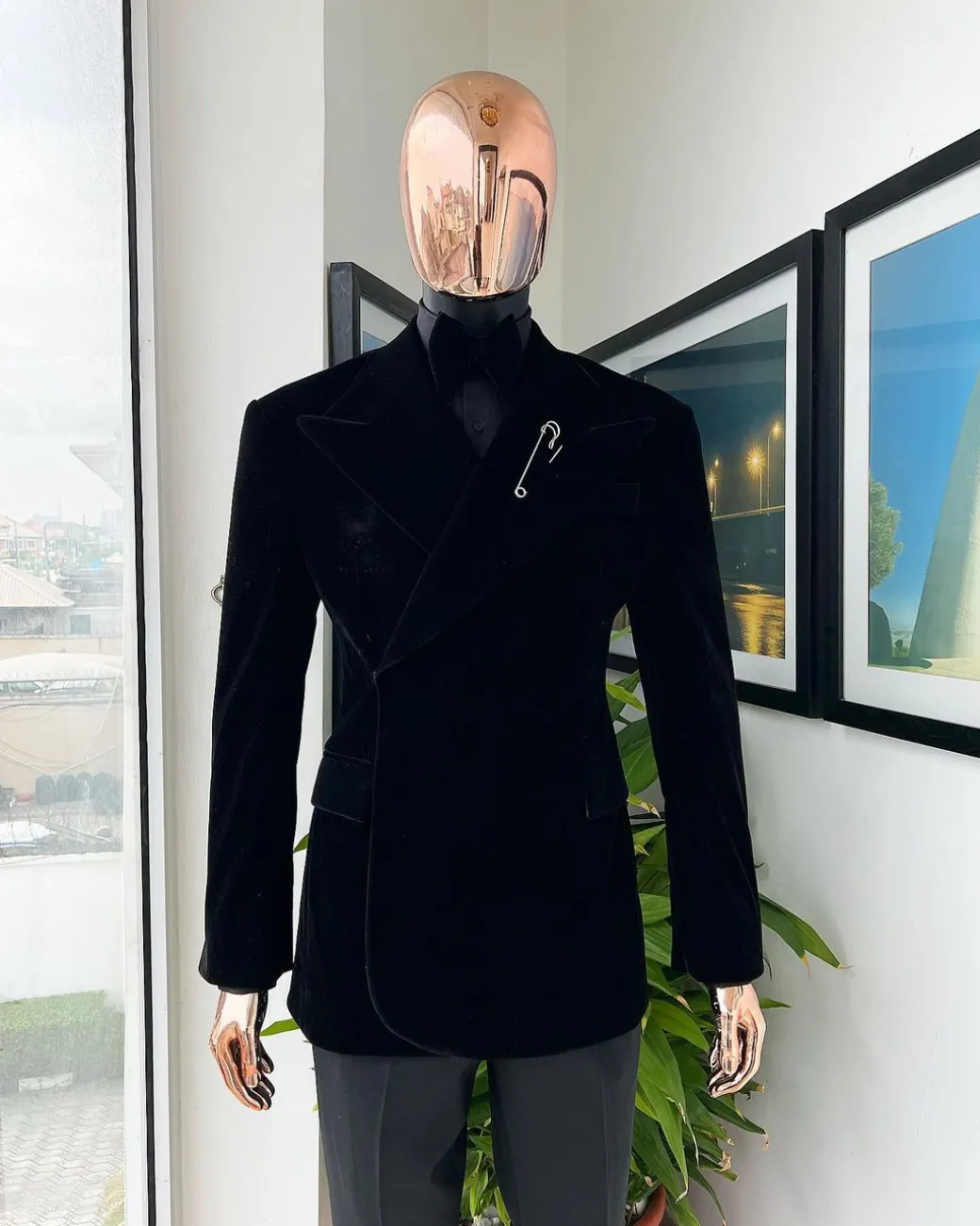 A reloaded monochrome “herd” charcoal black soaked velvet peak lapel wrap tuxedo suit