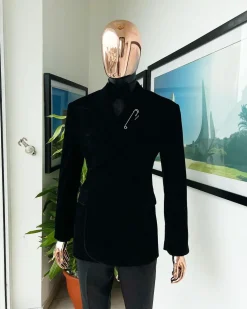 A reloaded monochrome “herd” charcoal black soaked velvet peak lapel wrap tuxedo suit