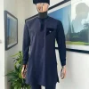 A Reloaded Navy Blue Monochrome Embroidery with Soaked Italian velvet detailing long sleeve Buba