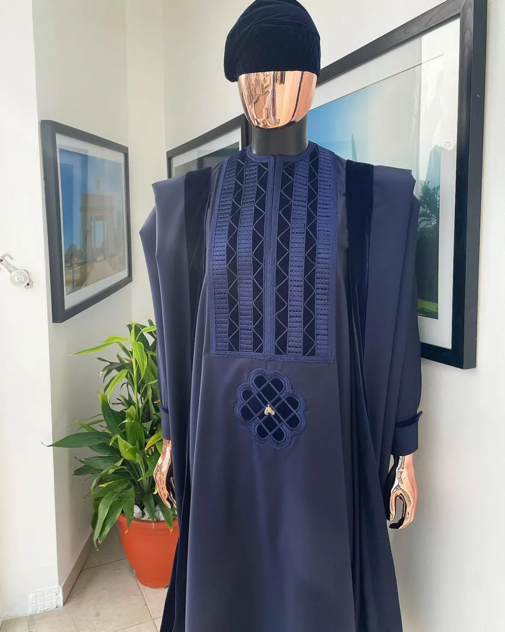 A Reloaded navy blue Monochrome embrodery with soaked Italian velvet detailing agbada