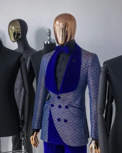 A Reloaded “pirate”, spotted navy blue and orange metallic jacquard, shawl lapel tuxedo suit