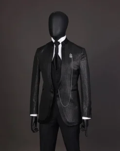 A Reloaded “Pope” monochrome black inverted square patterned metallic jacquard tuxedo suit