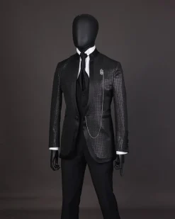 A Reloaded “Pope” monochrome black inverted square patterned metallic jacquard tuxedo suit
