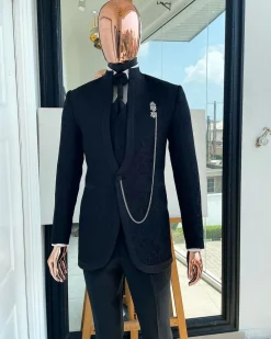 A Reloaded “Pope” monochrome charcoal black single button bishop neck suit