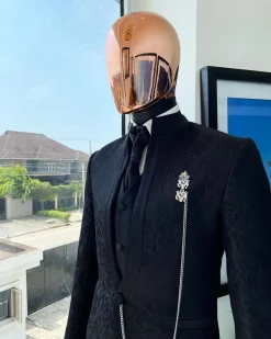 A Reloaded “Pope” monochrome charcoal black single button bishop neck suit