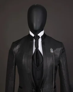 A Reloaded “Pope” monochrome black inverted square patterned metallic jacquard tuxedo suit