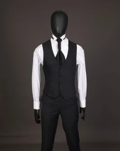 A Reloaded “Pope” monochrome black inverted square patterned metallic jacquard tuxedo suit