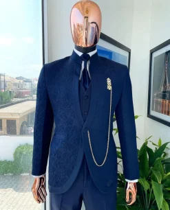 A Reloaded “Pope” navy blue single button bishop neck suit