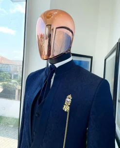 A Reloaded “Pope” navy blue single button bishop neck suit