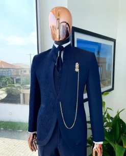 A Reloaded “Pope” navy blue single button bishop neck suit