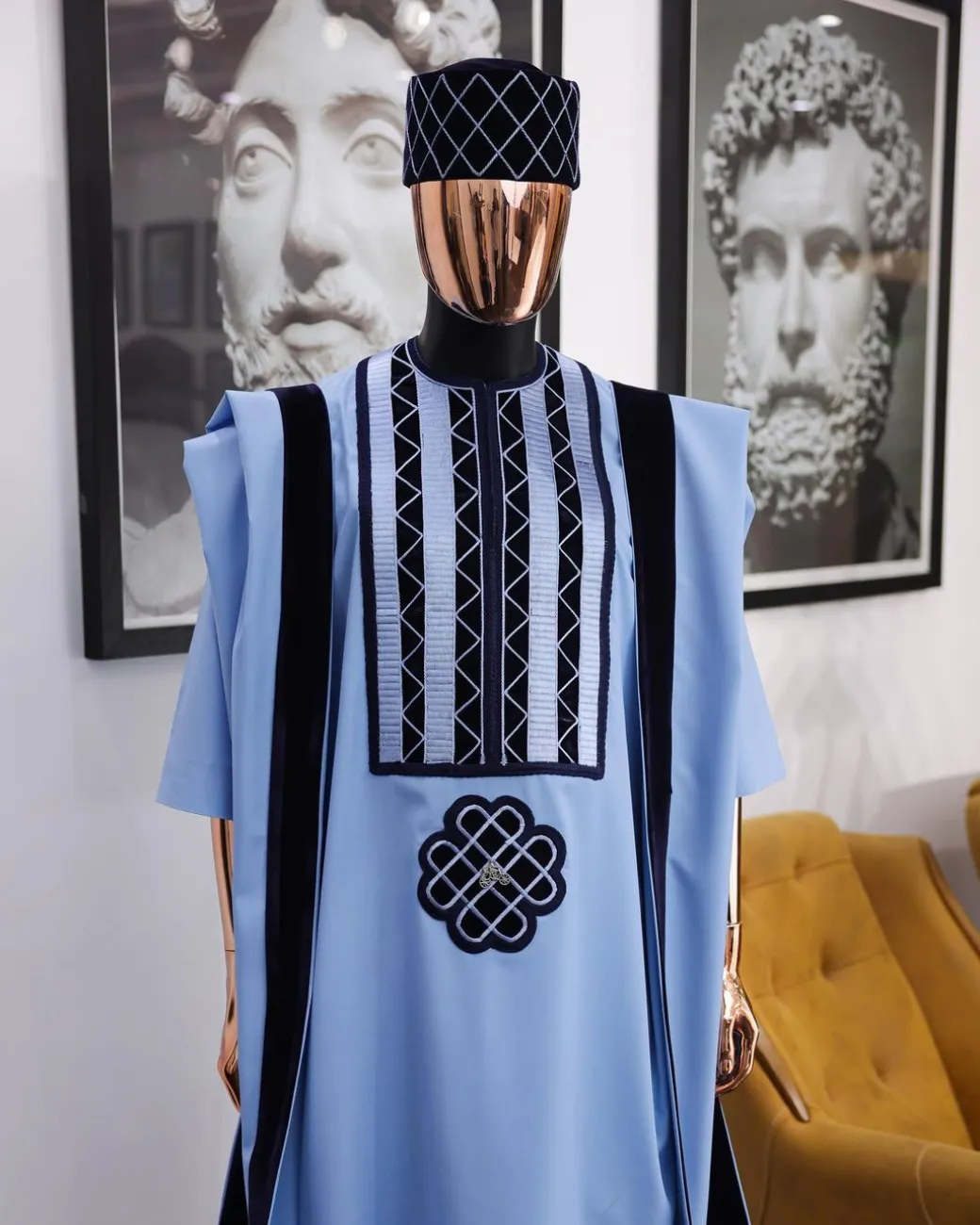 A Reloaded sky blue Monochrome embroidery with navy blue soaked Italian velvet detailing agbada