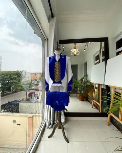 A Reloaded White And Blue silk “showman” trench Suit