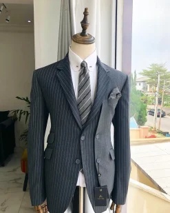 A Revolutionary “Catch Me If You Can” Grey Bold Pencil Stripe notch lapel double side-breasted Suit.