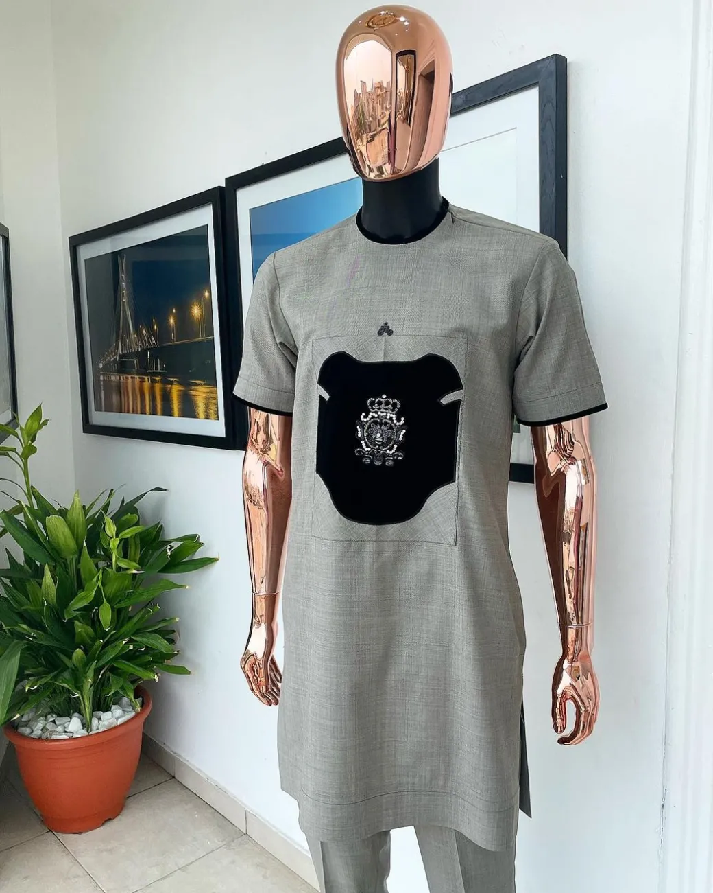 A Rhino grey, beaded hand embroidery front patch with black velvet pattern detailing African traditional senator kaftan native.